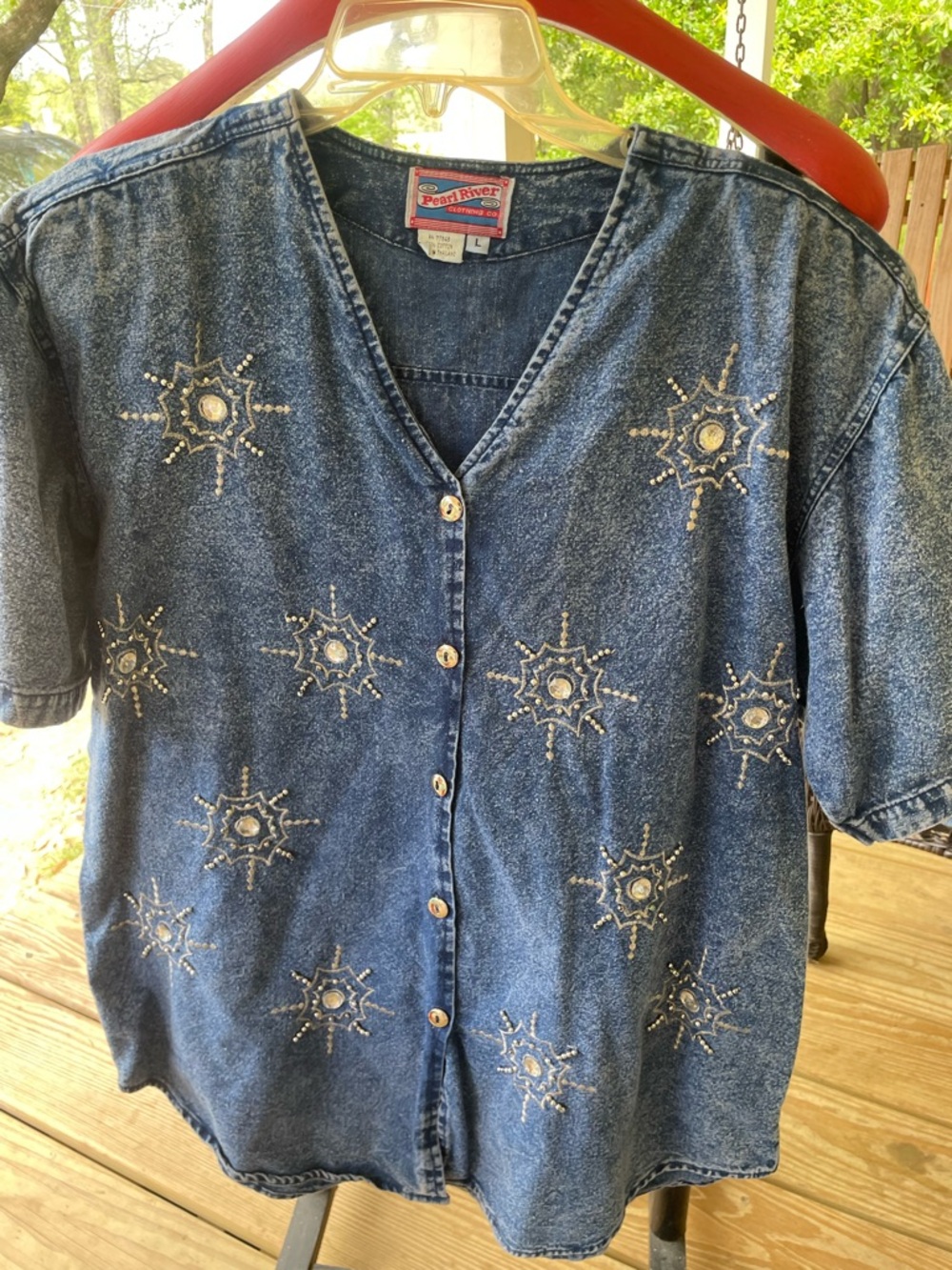 Vintage Pearl River Embellished Denim Button-Front Shirt - Blue